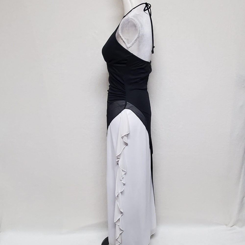 𝅺VINTAGE 1990s Taboo Black White Ruffle Asymmetrical Backless Halter Maxi Dress - Picture 8 of 16